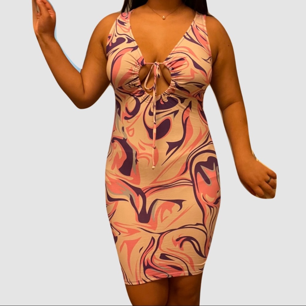pink, purple, and white marble mini/midi bodycon dress with opening at chest!!